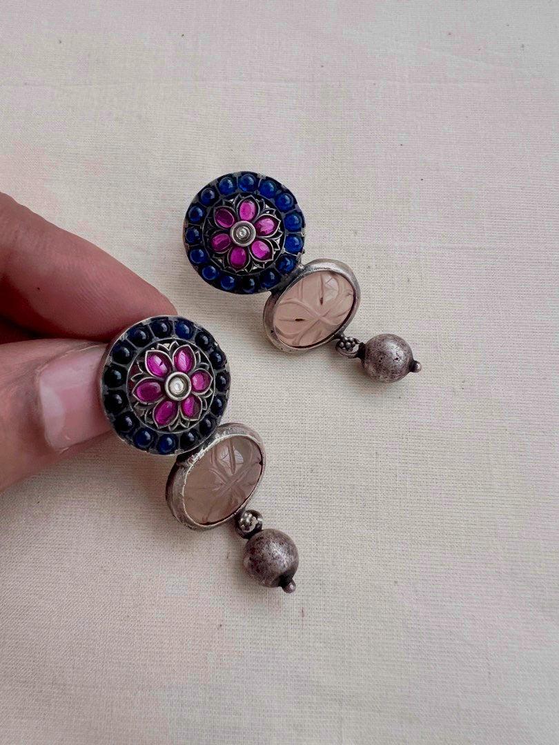 Blue & pink kemp stone with rose quartz stone hangings-Earrings-CI-House of Taamara