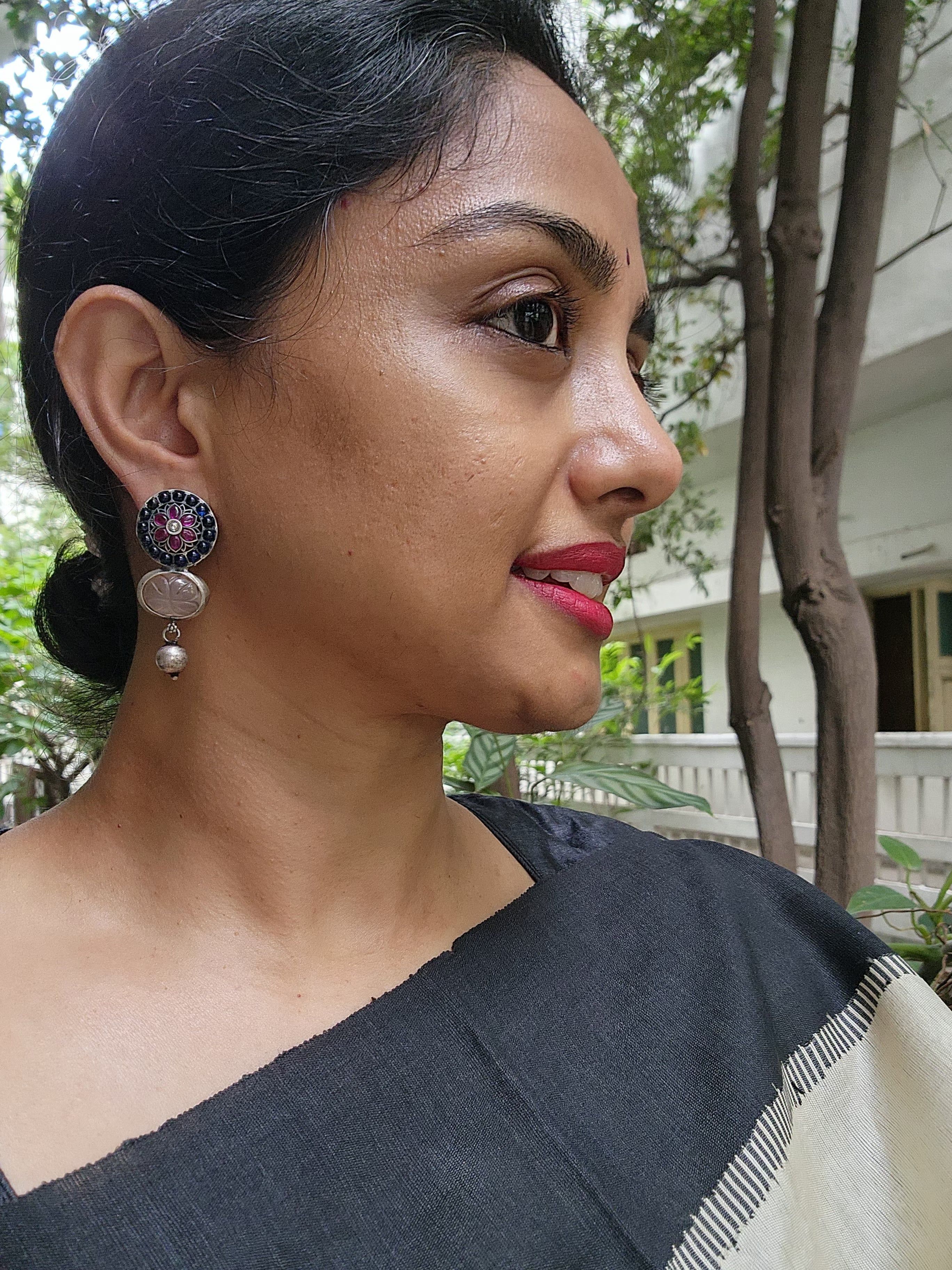 Blue & pink kemp stone with rose quartz stone hangings-Earrings-CI-House of Taamara