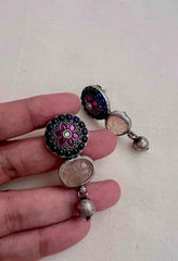 Blue & pink kemp stone with rose quartz stone hangings-Earrings-CI-House of Taamara
