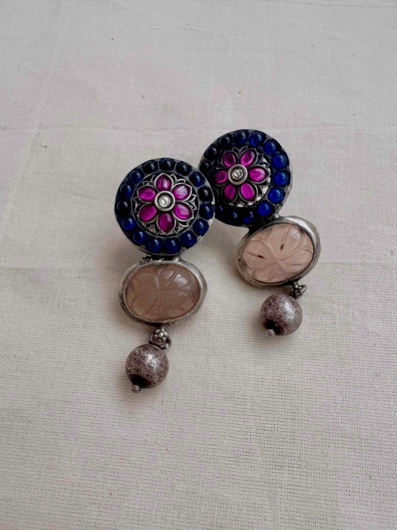 Blue & pink kemp stone with rose quartz stone hangings-Earrings-CI-House of Taamara