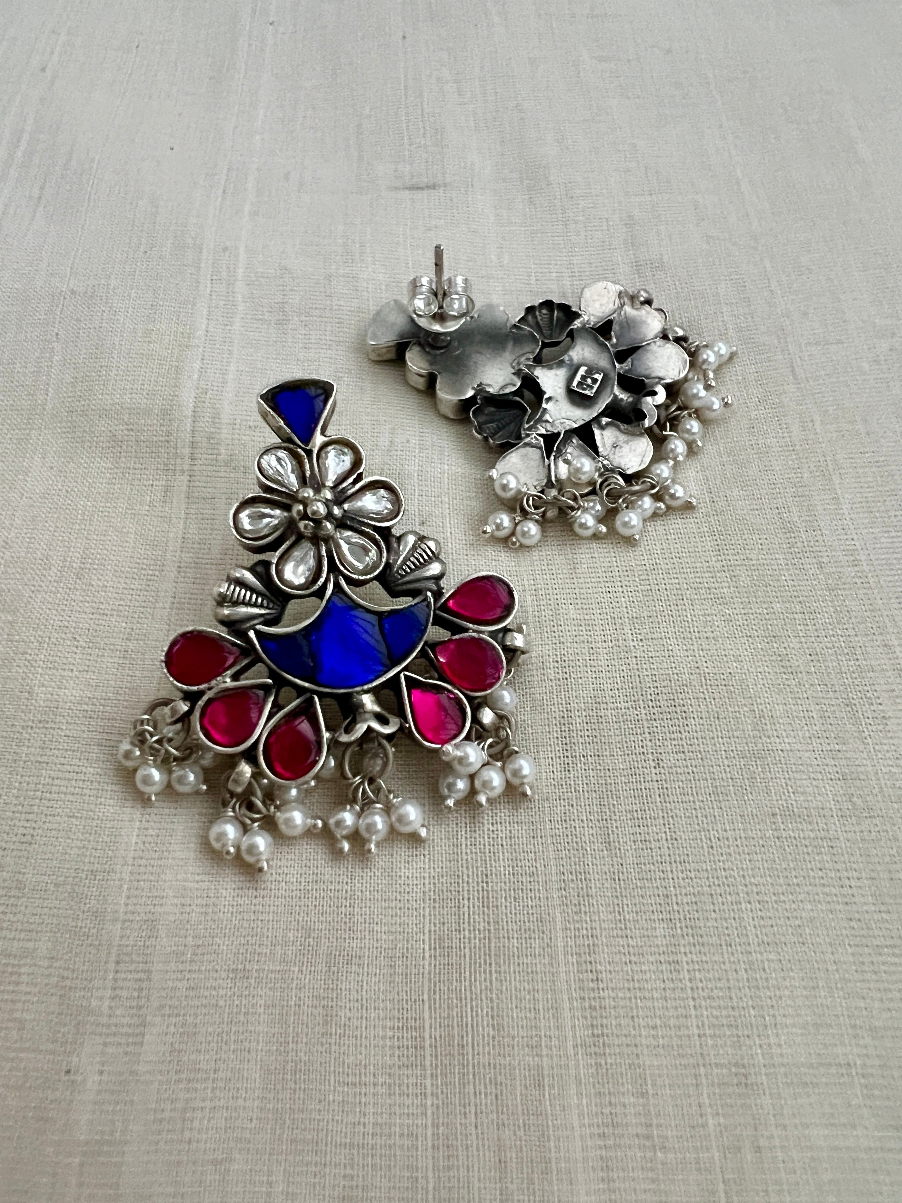 Blue & pink kundan style silver earrings with pearls-Earrings-CI-House of Taamara