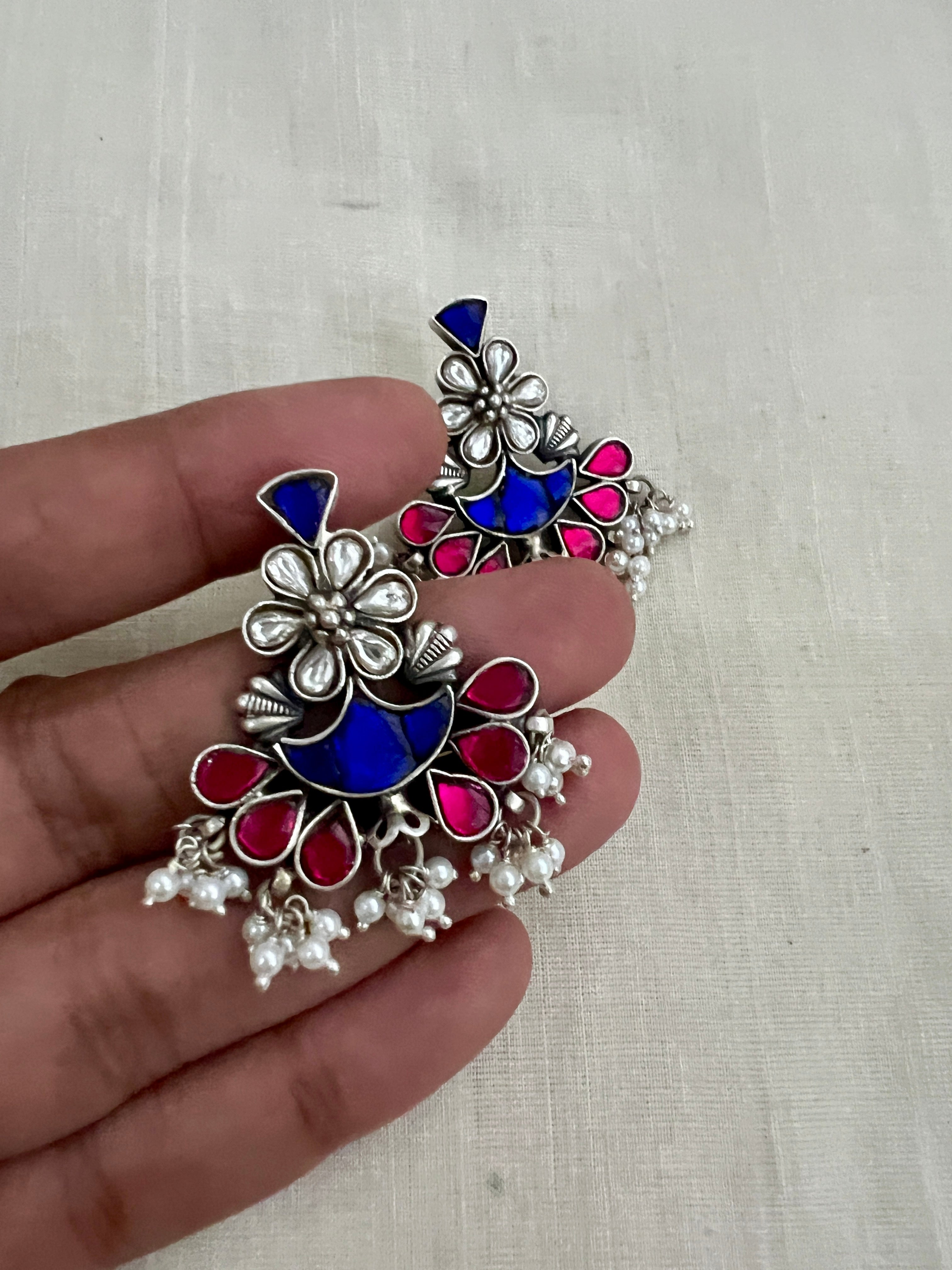 Blue & pink kundan style silver earrings with pearls-Earrings-CI-House of Taamara