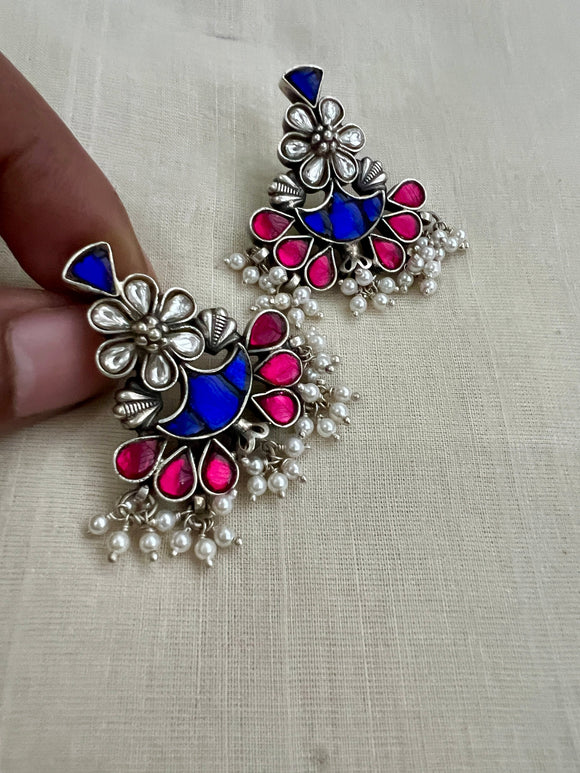 Blue & pink kundan style silver earrings with pearls-Earrings-CI-House of Taamara