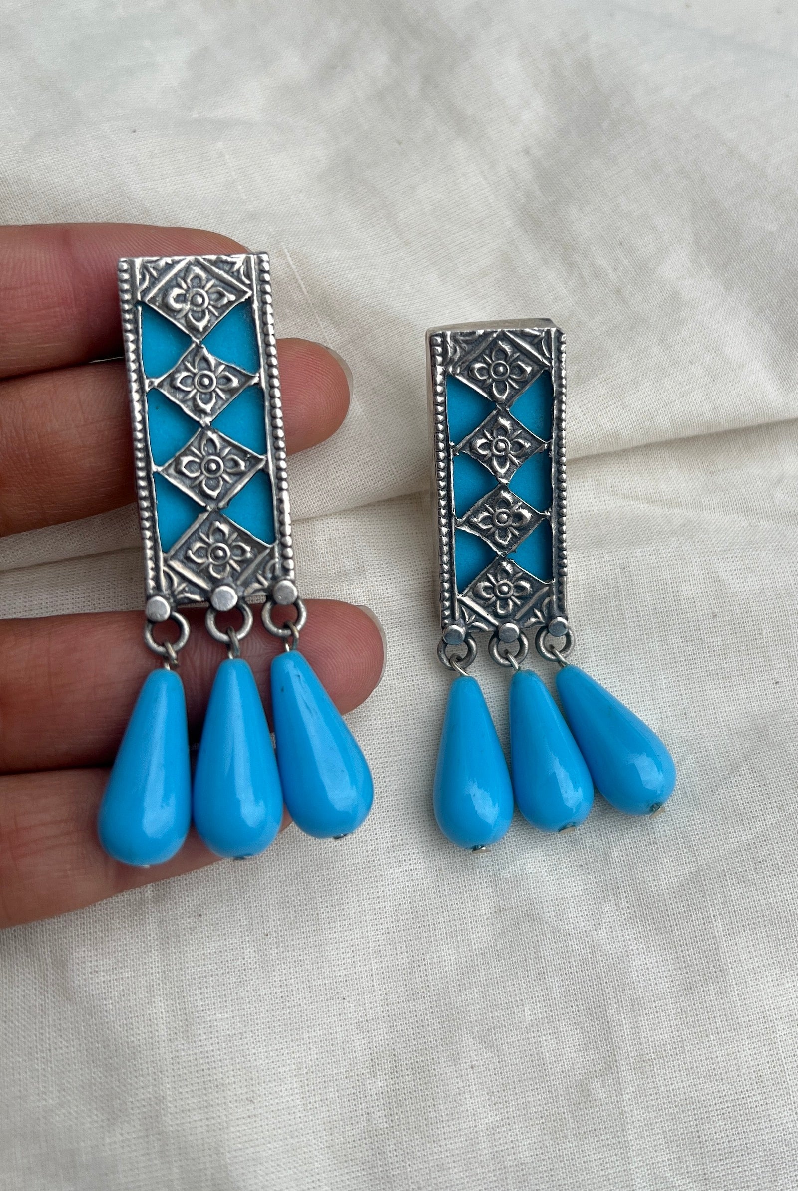 Blue rectangle with blue drop beads-Silver earrings-EZ-House of Taamara