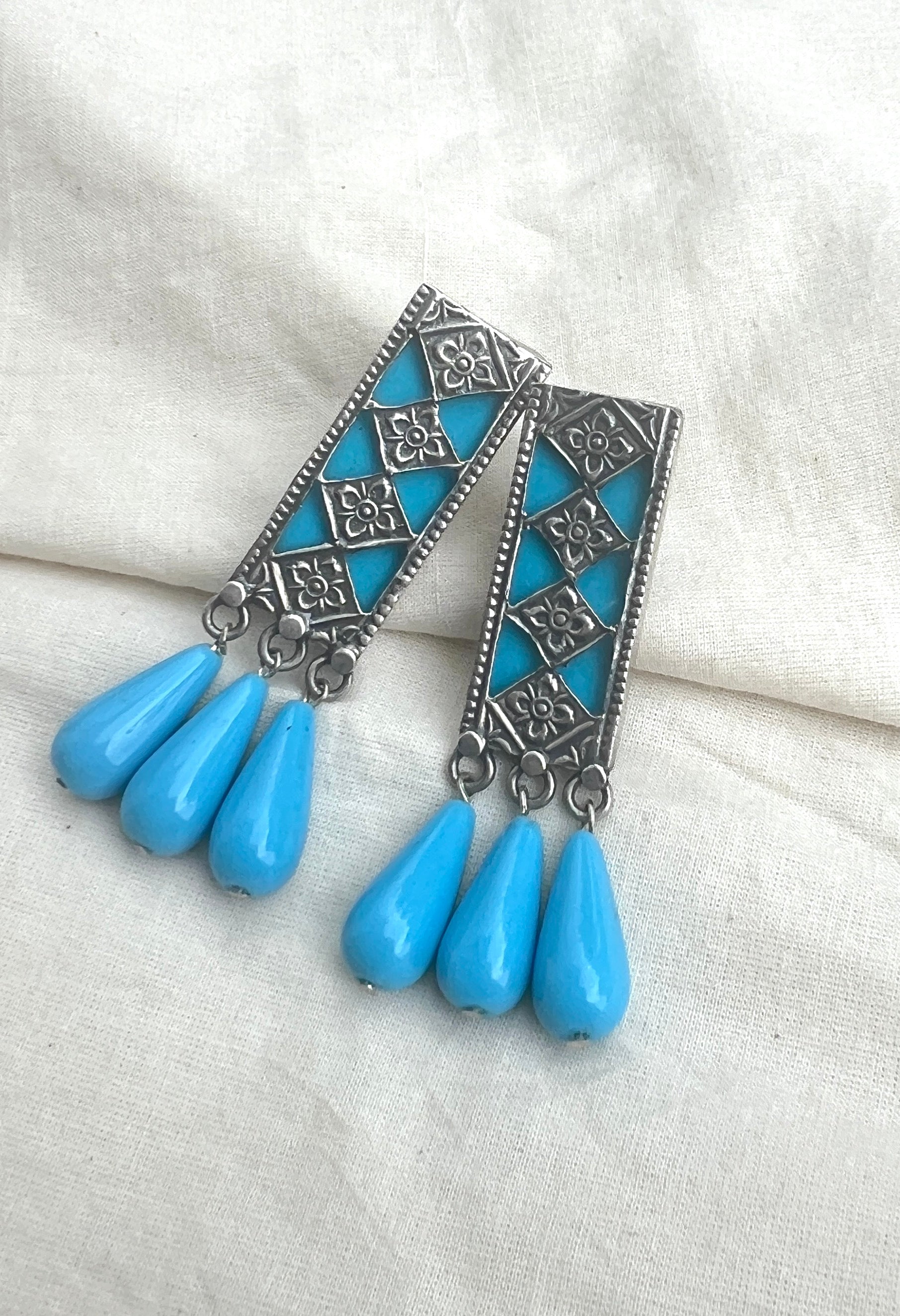 Blue rectangle with blue drop beads-Silver earrings-EZ-House of Taamara