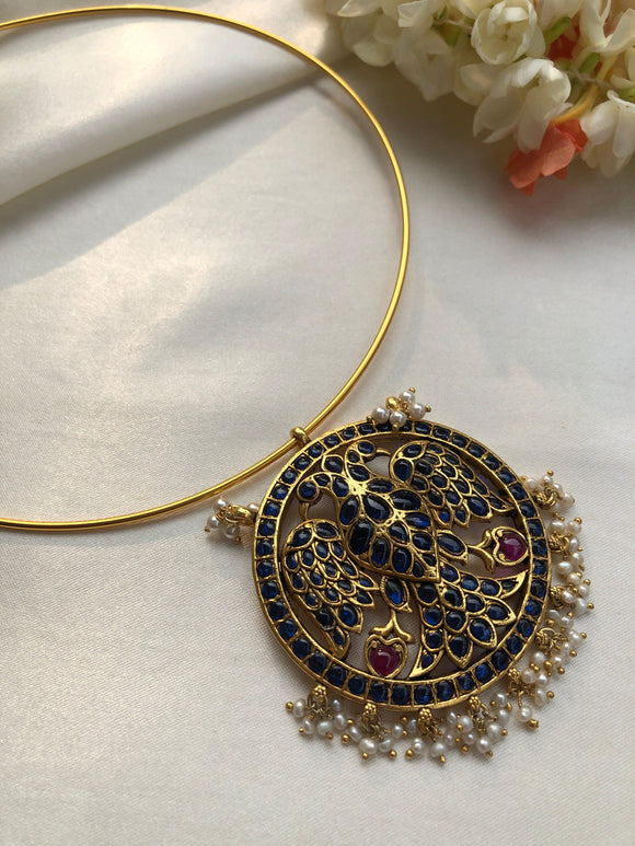 Blue spinel gendeberunda pendant with hasli-Silver Neckpiece-PL-House of Taamara