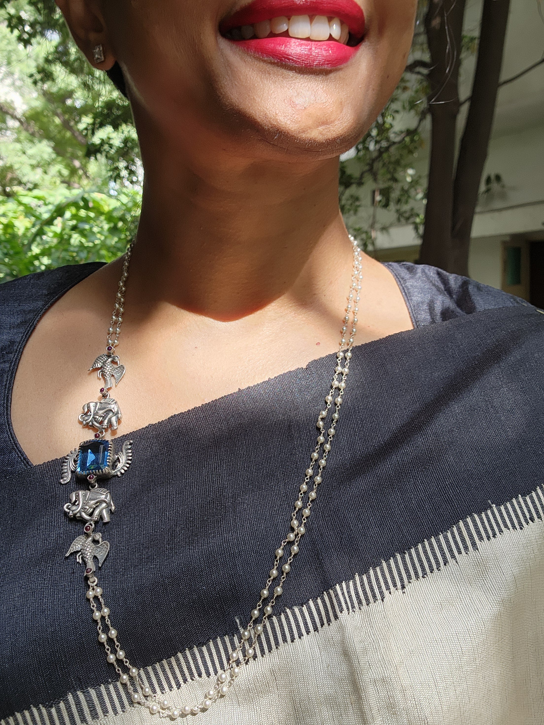 Blue stone with nakash & pearl side mope long chain-Silver Neckpiece-CI-House of Taamara