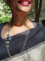 Blue stone with nakash & pearl side mope long chain-Silver Neckpiece-CI-House of Taamara