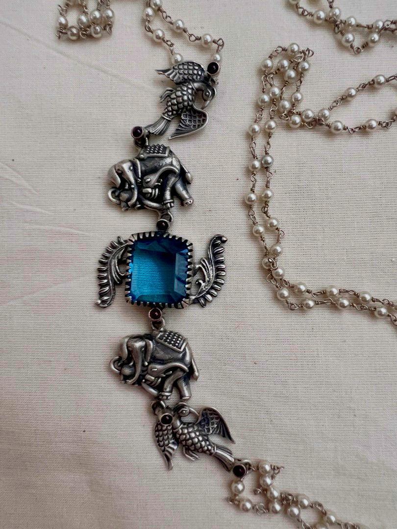 Blue stone with nakash & pearl side mope long chain-Silver Neckpiece-CI-House of Taamara