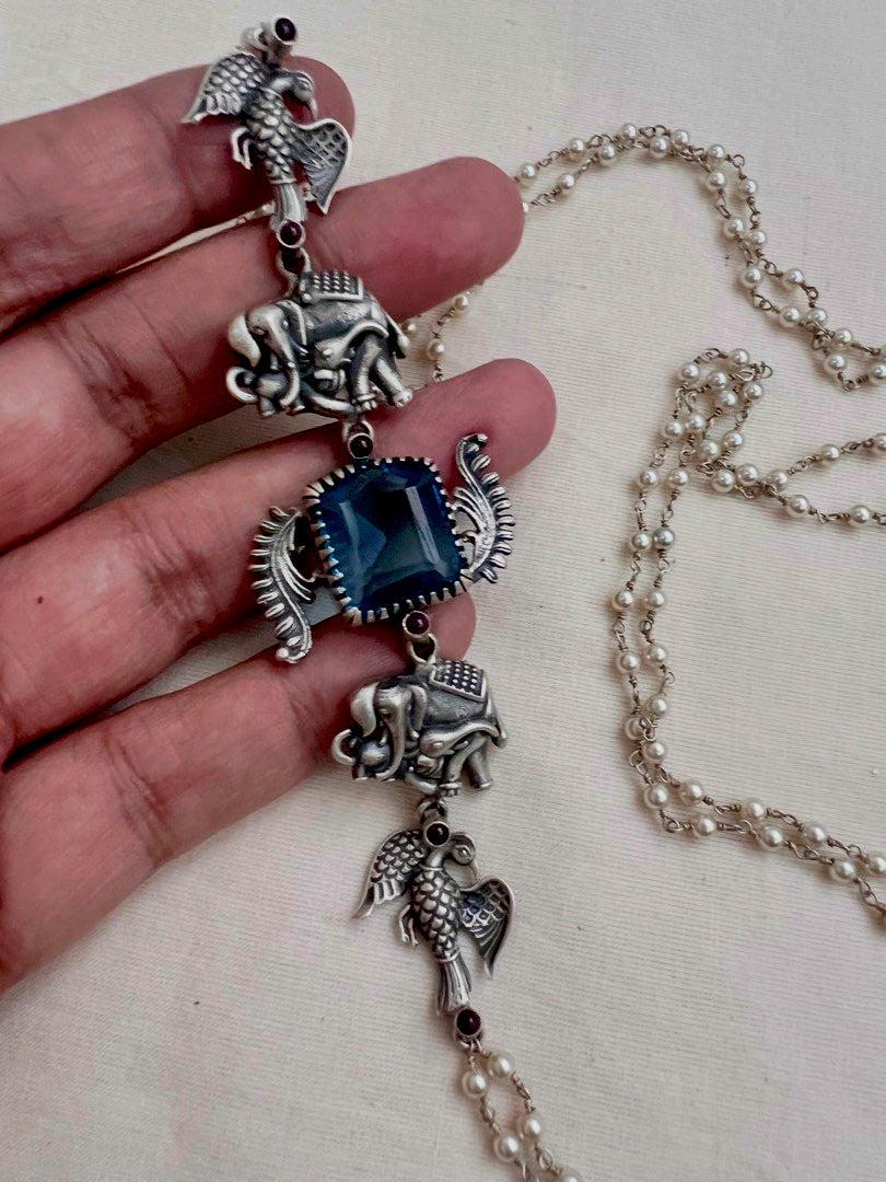 Blue stone with nakash & pearl side mope long chain-Silver Neckpiece-CI-House of Taamara