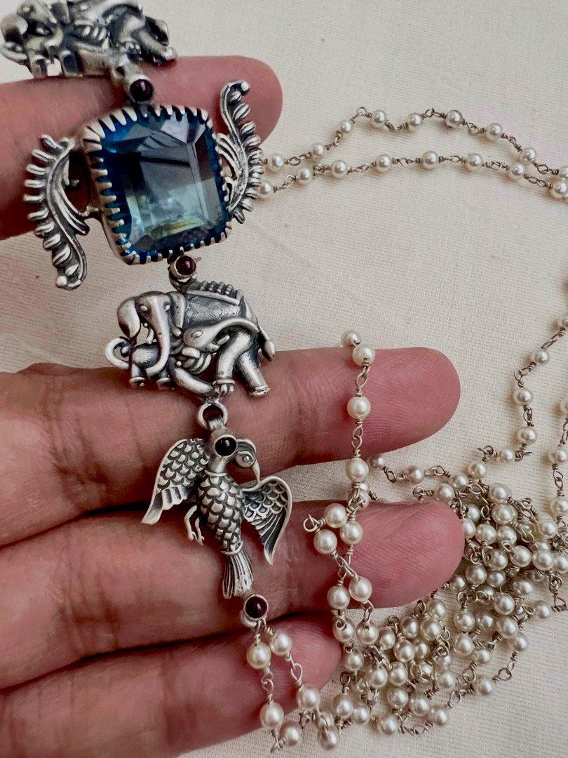 Blue stone with nakash & pearl side mope long chain-Silver Neckpiece-CI-House of Taamara