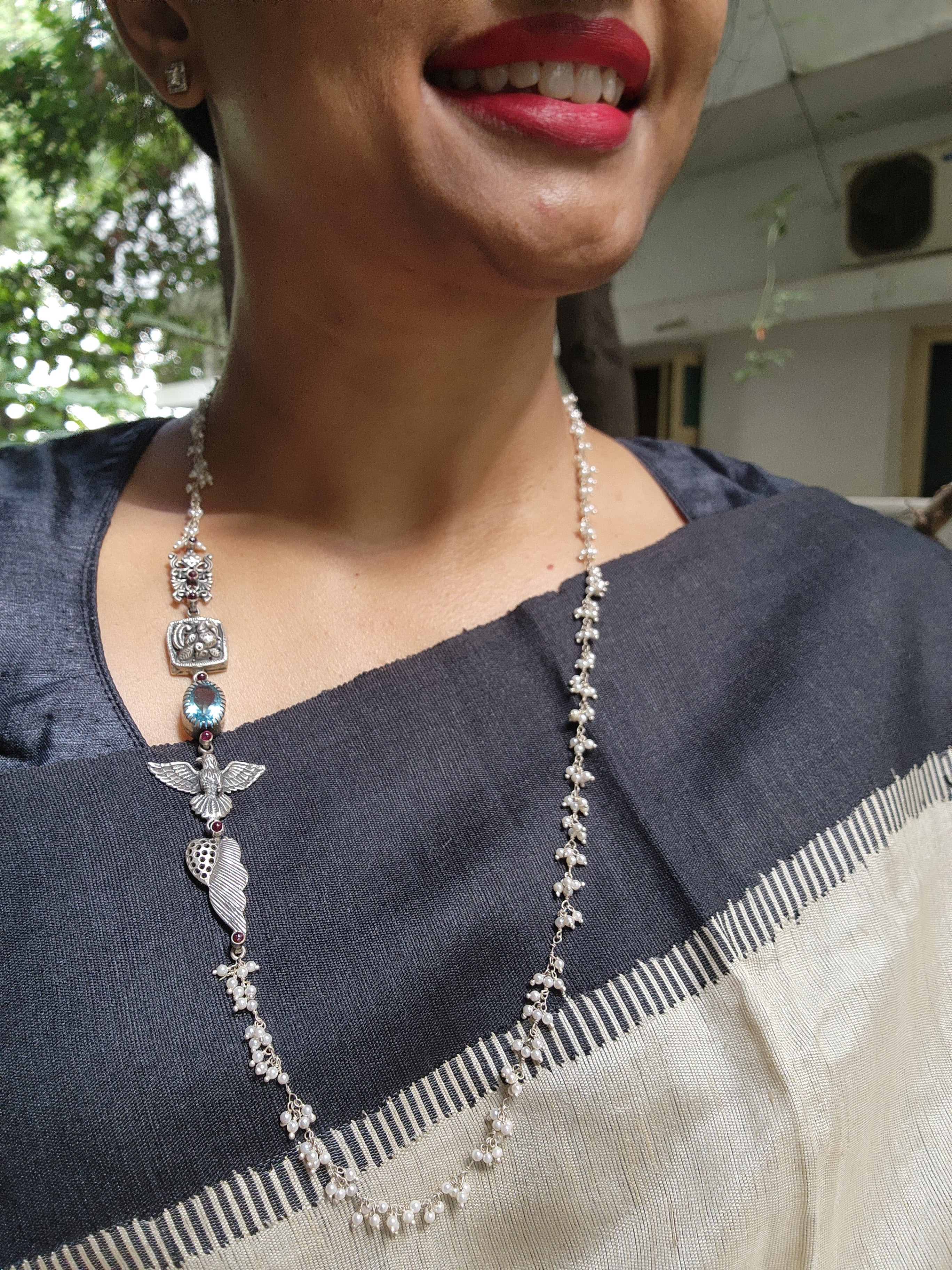 Blue stone with nakash & pearls side mope long chain-Silver Neckpiece-CI-House of Taamara