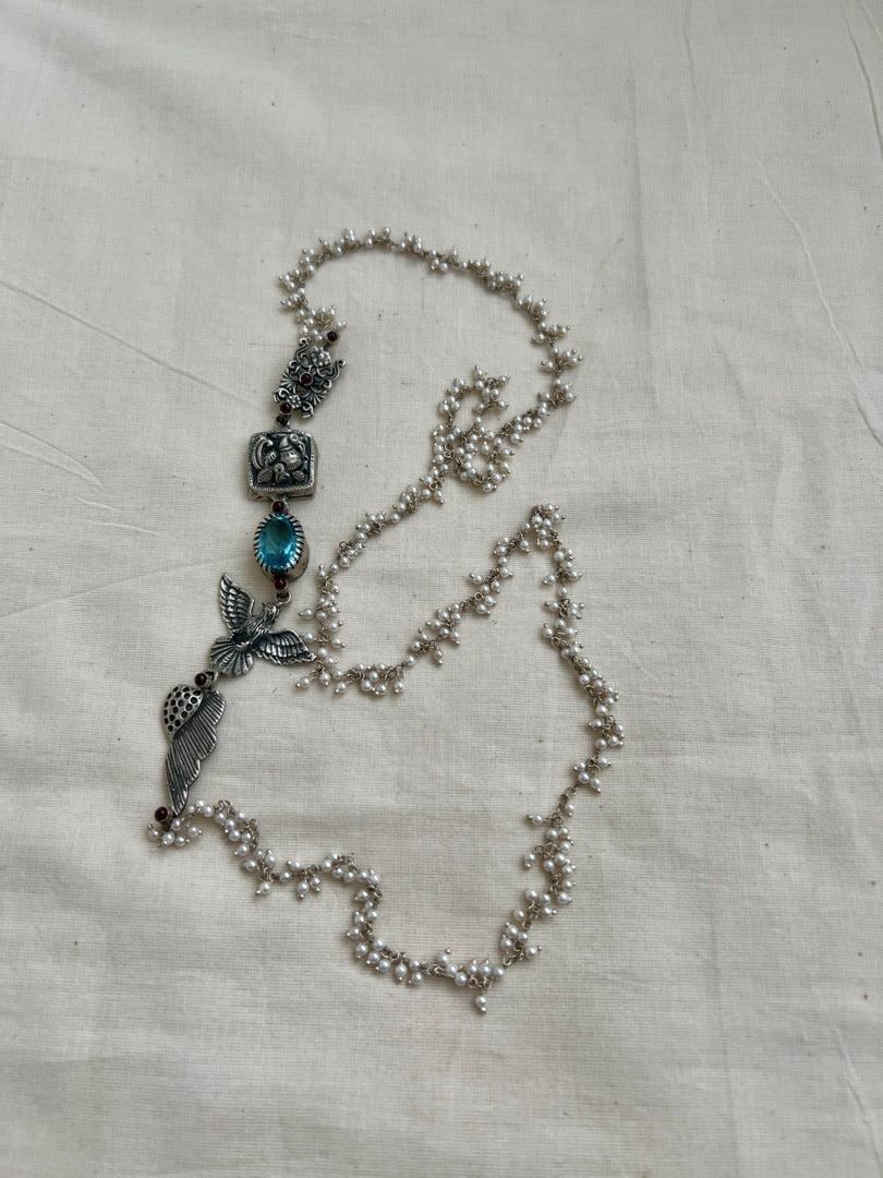 Blue stone with nakash & pearls side mope long chain-Silver Neckpiece-CI-House of Taamara