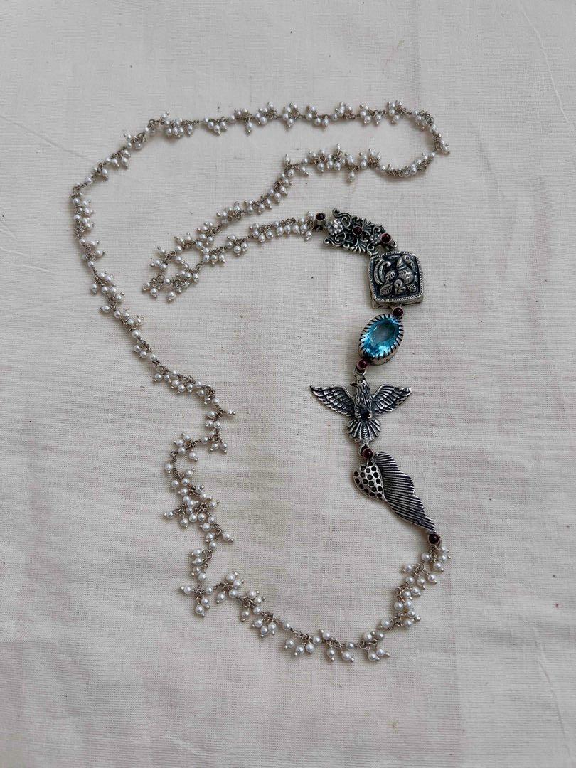 Blue stone with nakash & pearls side mope long chain-Silver Neckpiece-CI-House of Taamara