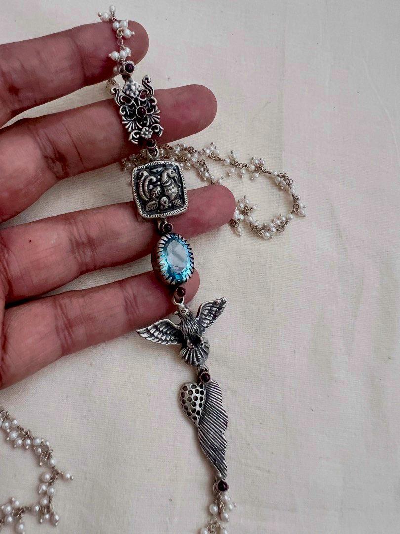 Blue stone with nakash & pearls side mope long chain-Silver Neckpiece-CI-House of Taamara