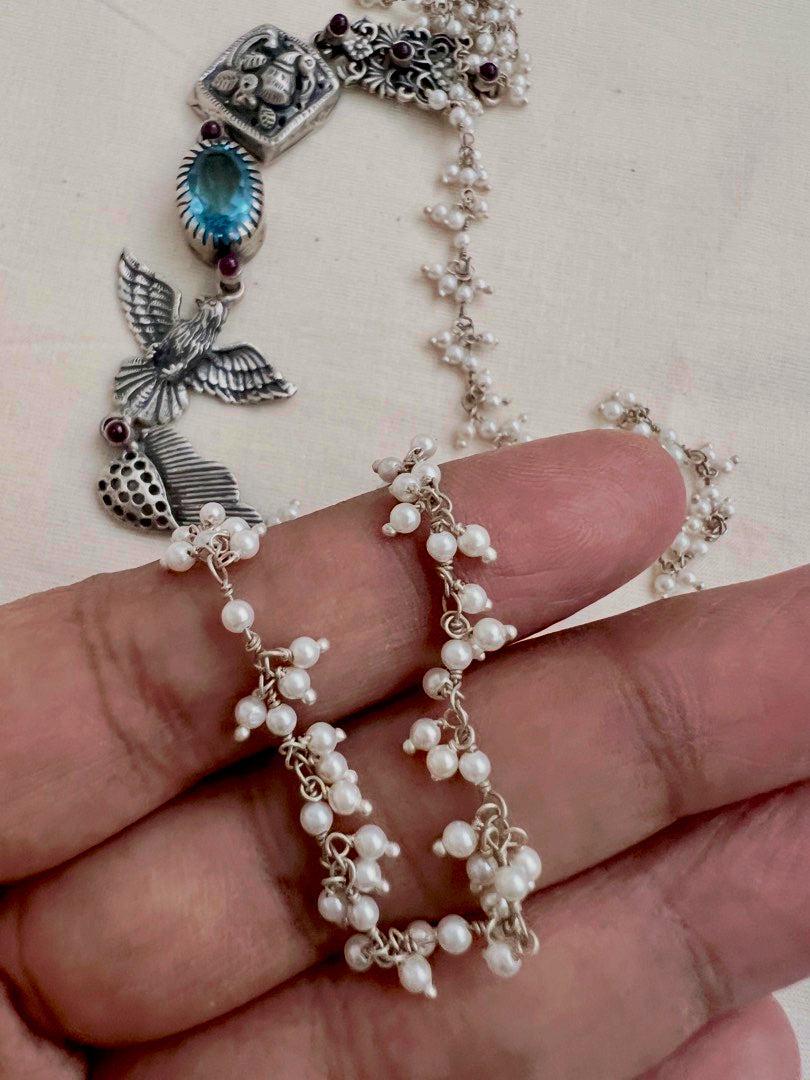 Blue stone with nakash & pearls side mope long chain-Silver Neckpiece-CI-House of Taamara