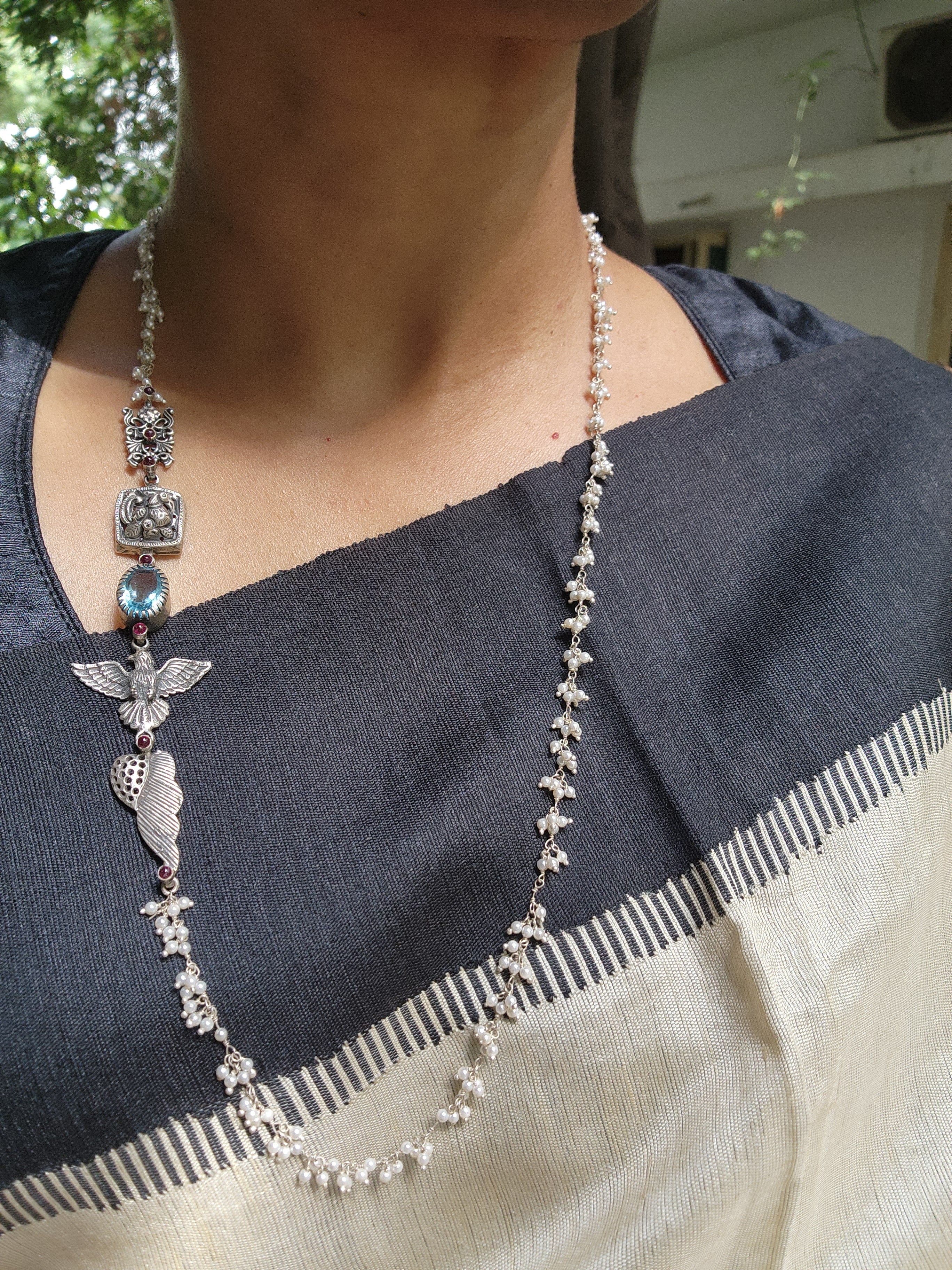 Blue stone with nakash & pearls side mope long chain-Silver Neckpiece-CI-House of Taamara