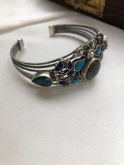 Blue & turquoise kundan silver cuff bracelet-Silver Bracelet-PL-House of Taamara