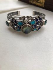 Blue & turquoise kundan silver cuff bracelet-Silver Bracelet-PL-House of Taamara