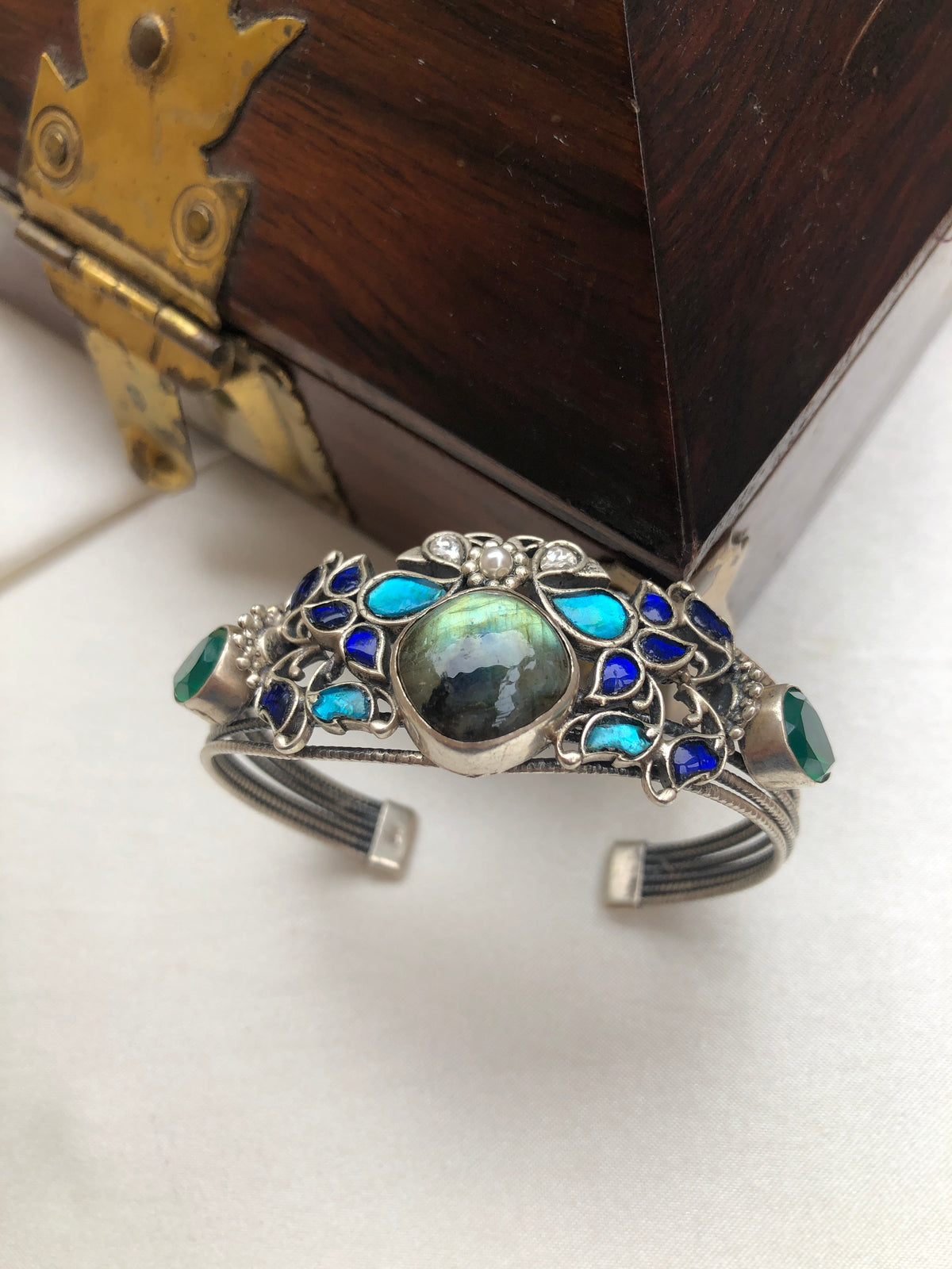 Blue & turquoise kundan silver cuff bracelet-Silver Bracelet-PL-House of Taamara