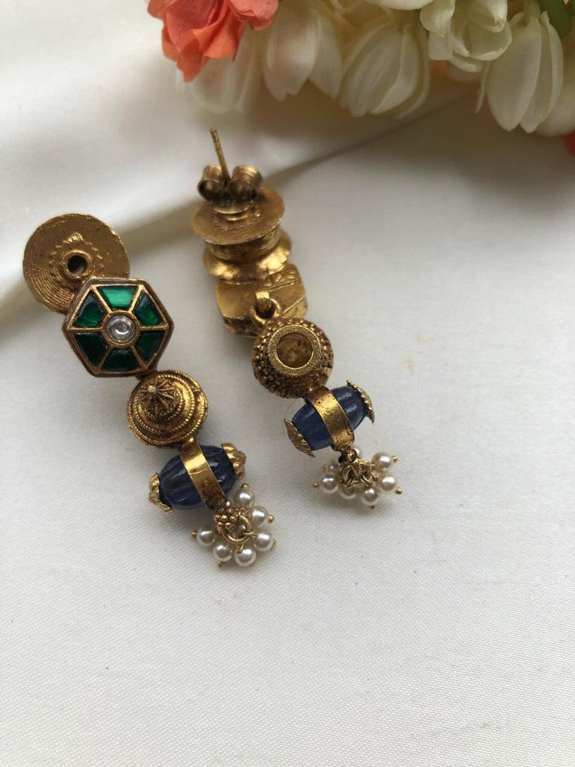 Bobin earrings with green kundan & blue bead-Earrings-PL-House of Taamara