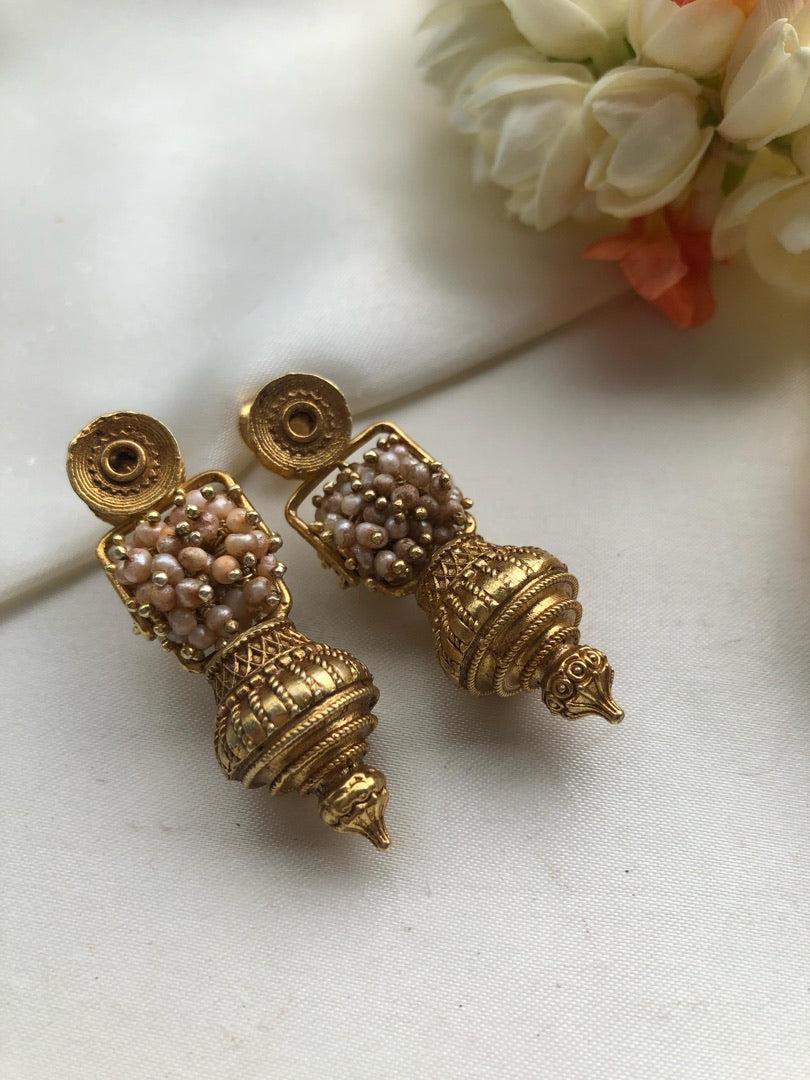 Bobin earrings with pearl bunch-Earrings-PL-House of Taamara