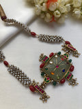 Calcedony pendant with navratan kundan inlay, corals & pearl weave necklace-Silver Neckpiece-PL-House of Taamara