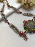 Calcedony pendant with navratan kundan inlay, corals & pearl weave necklace-Silver Neckpiece-PL-House of Taamara