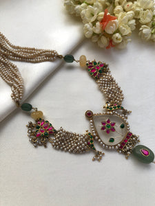 Calcedony with kundan inlay & pearl weave necklace, with kundan lotus-Silver Neckpiece-PL-House of Taamara