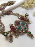 Calcedony with peacock kundan & pearls mala with ruby beads-Silver Neckpiece-PL-House of Taamara