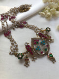 Calcedony with peacock kundan & pearls mala with ruby beads-Silver Neckpiece-PL-House of Taamara