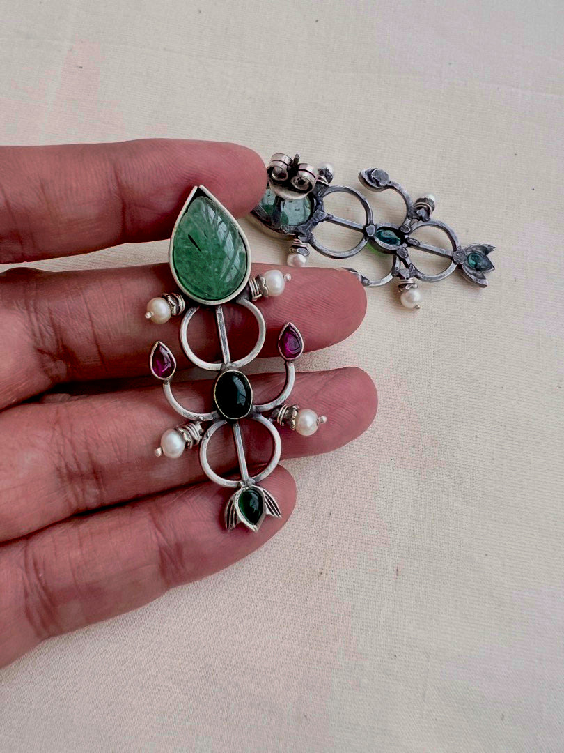 Carved green jade earrings with kemp pink & green stone-Earrings-CI-House of Taamara