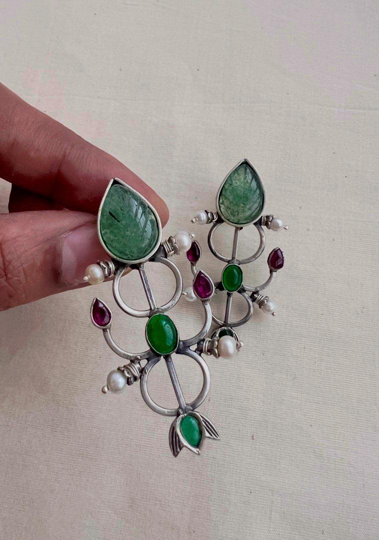 Carved green jade earrings with kemp pink & green stone-Earrings-CI-House of Taamara