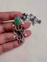 Carved green jade earrings with kemp pink & green stone-Earrings-CI-House of Taamara