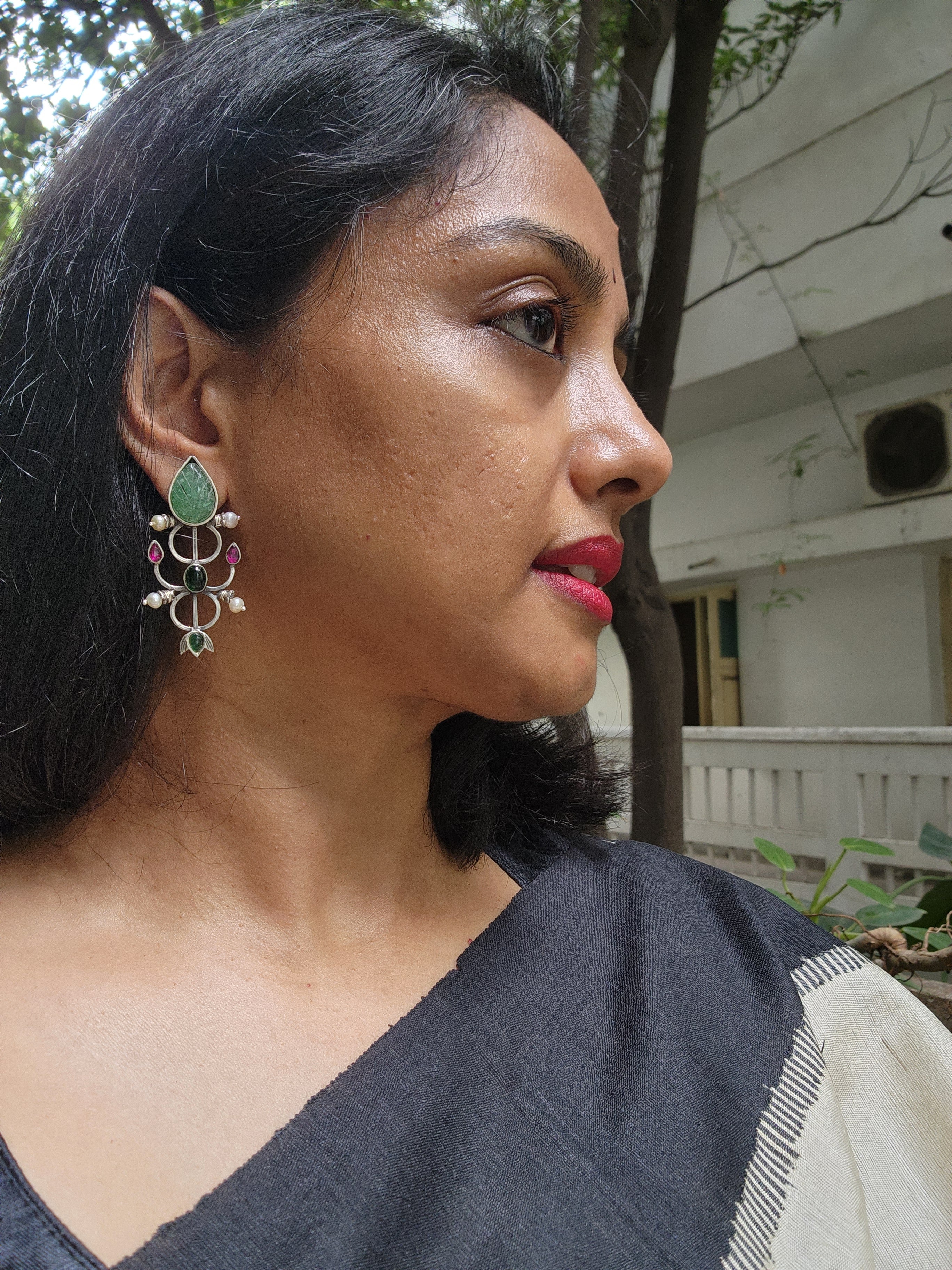 Carved green jade earrings with kemp pink & green stone-Earrings-CI-House of Taamara
