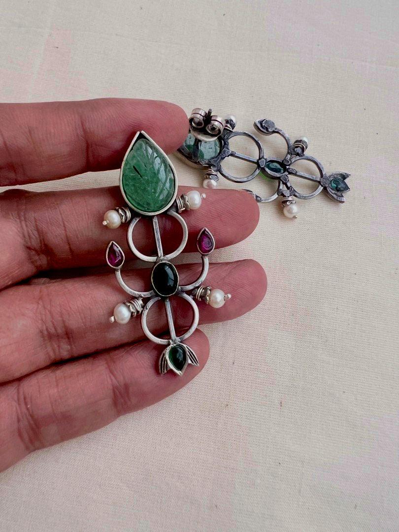 Carved green jade earrings with kemp pink & green stone-Earrings-CI-House of Taamara
