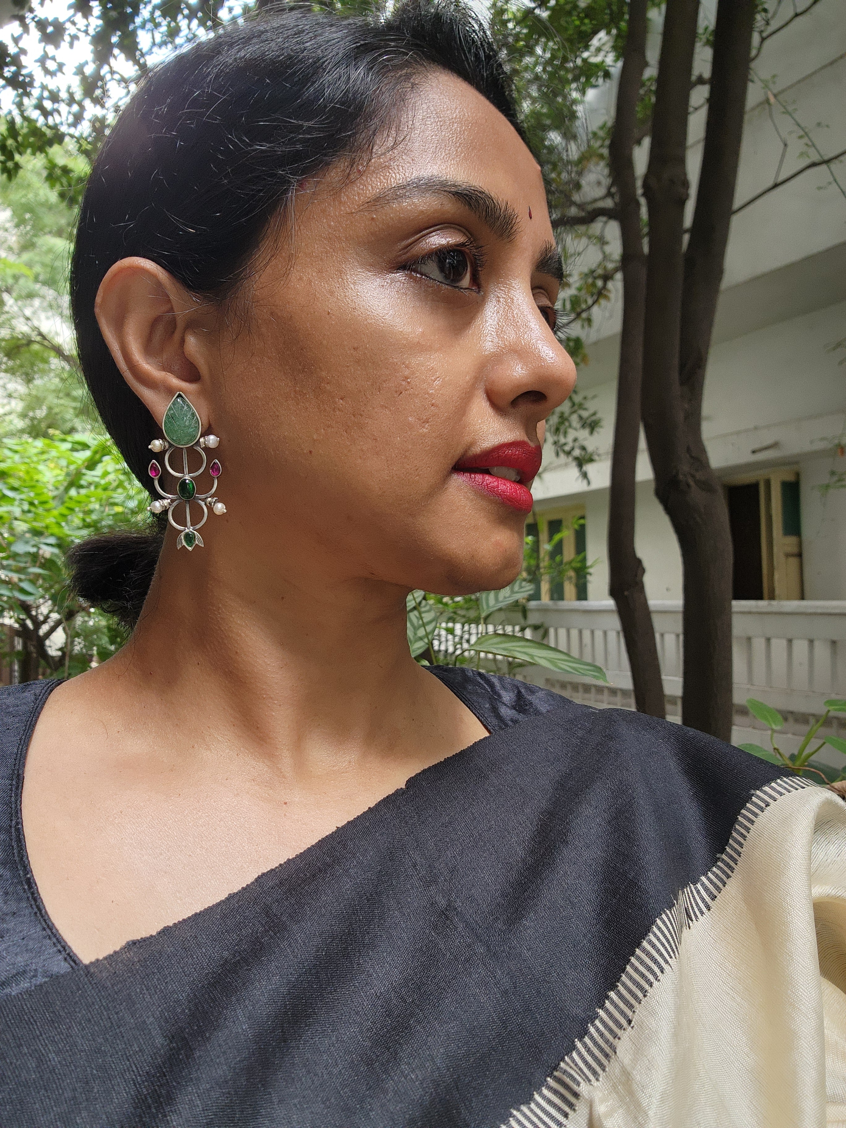 Carved green jade earrings with kemp pink & green stone-Earrings-CI-House of Taamara