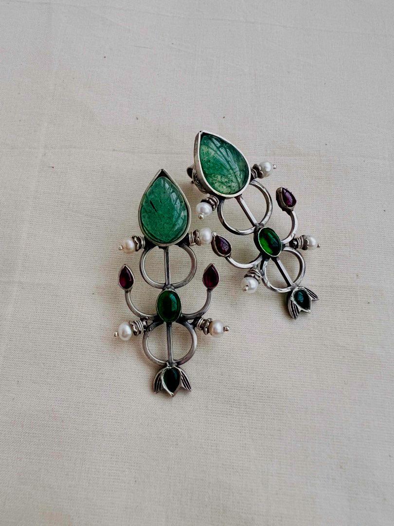 Carved green jade earrings with kemp pink & green stone-Earrings-CI-House of Taamara