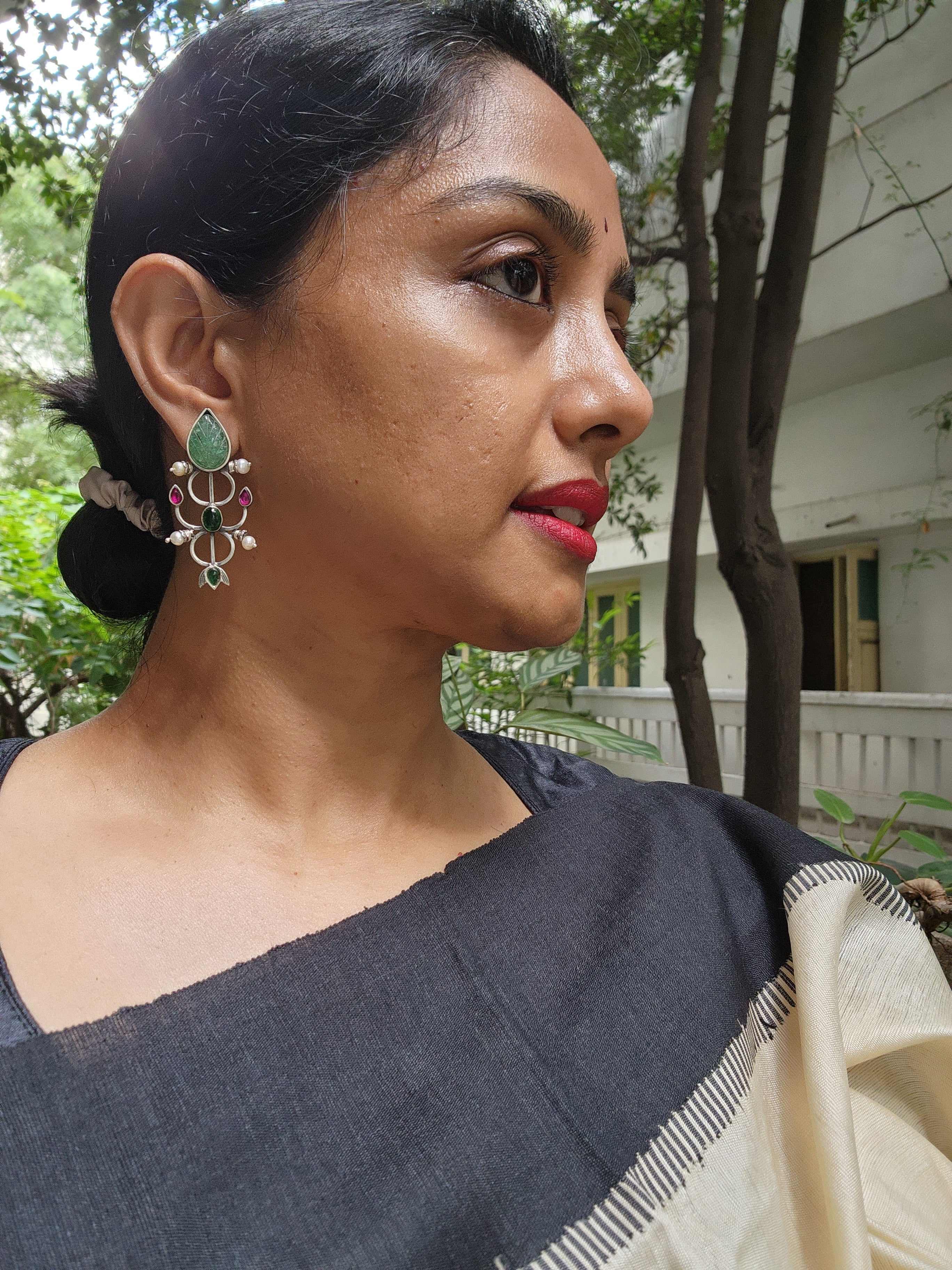 Carved green jade earrings with kemp pink & green stone-Earrings-CI-House of Taamara
