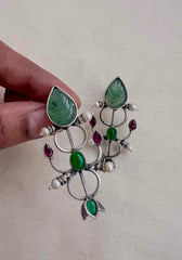 Carved green jade earrings with kemp pink & green stone-Earrings-CI-House of Taamara