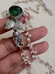 Carved green stone with nakash & pearls side mope long chain-Silver Neckpiece-CI-House of Taamara