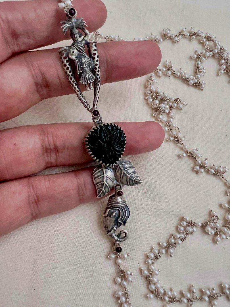 Carved green stone with nakash & pearls side mope long chain-Silver Neckpiece-CI-House of Taamara