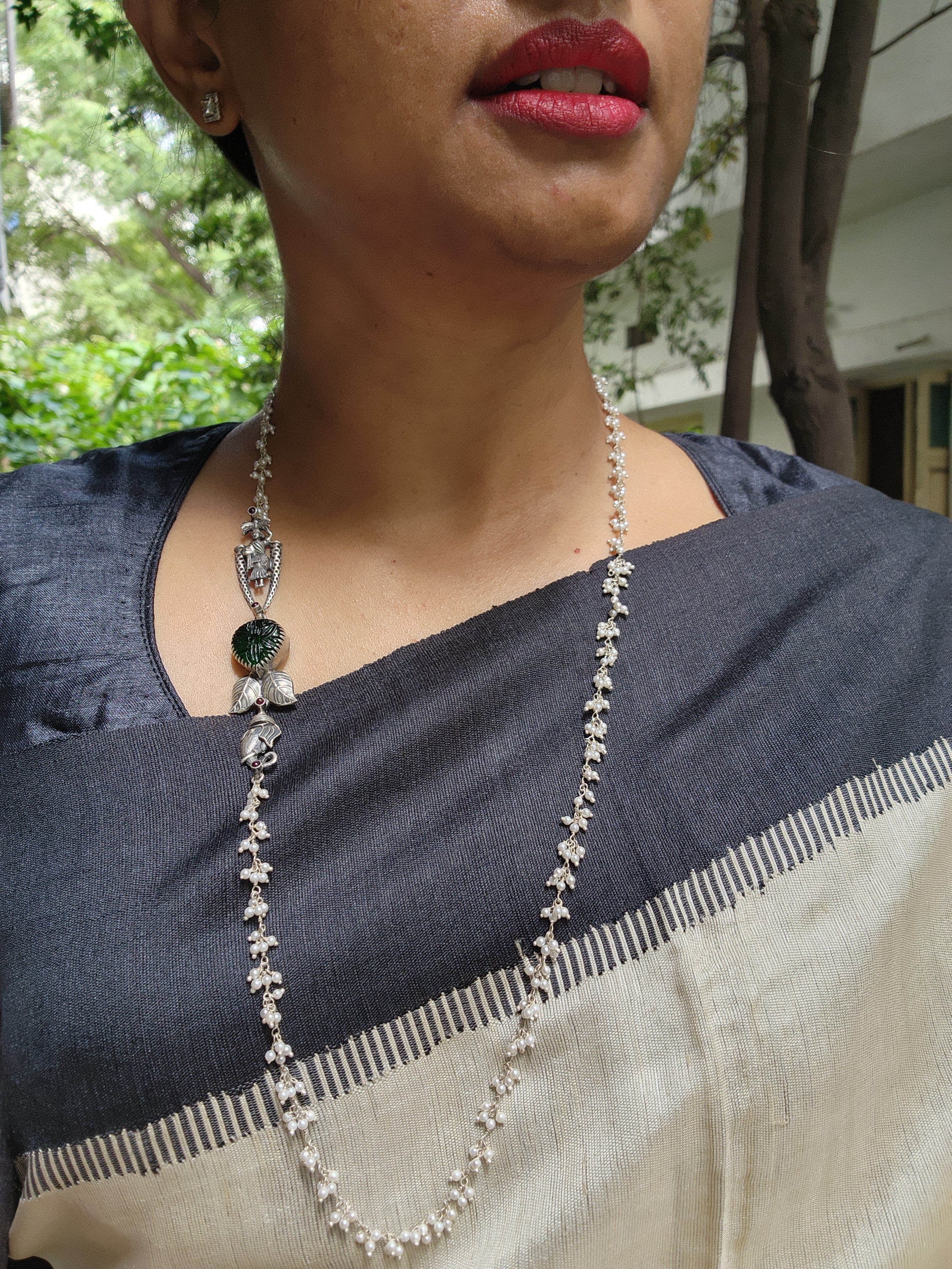 Carved green stone with nakash & pearls side mope long chain-Silver Neckpiece-CI-House of Taamara