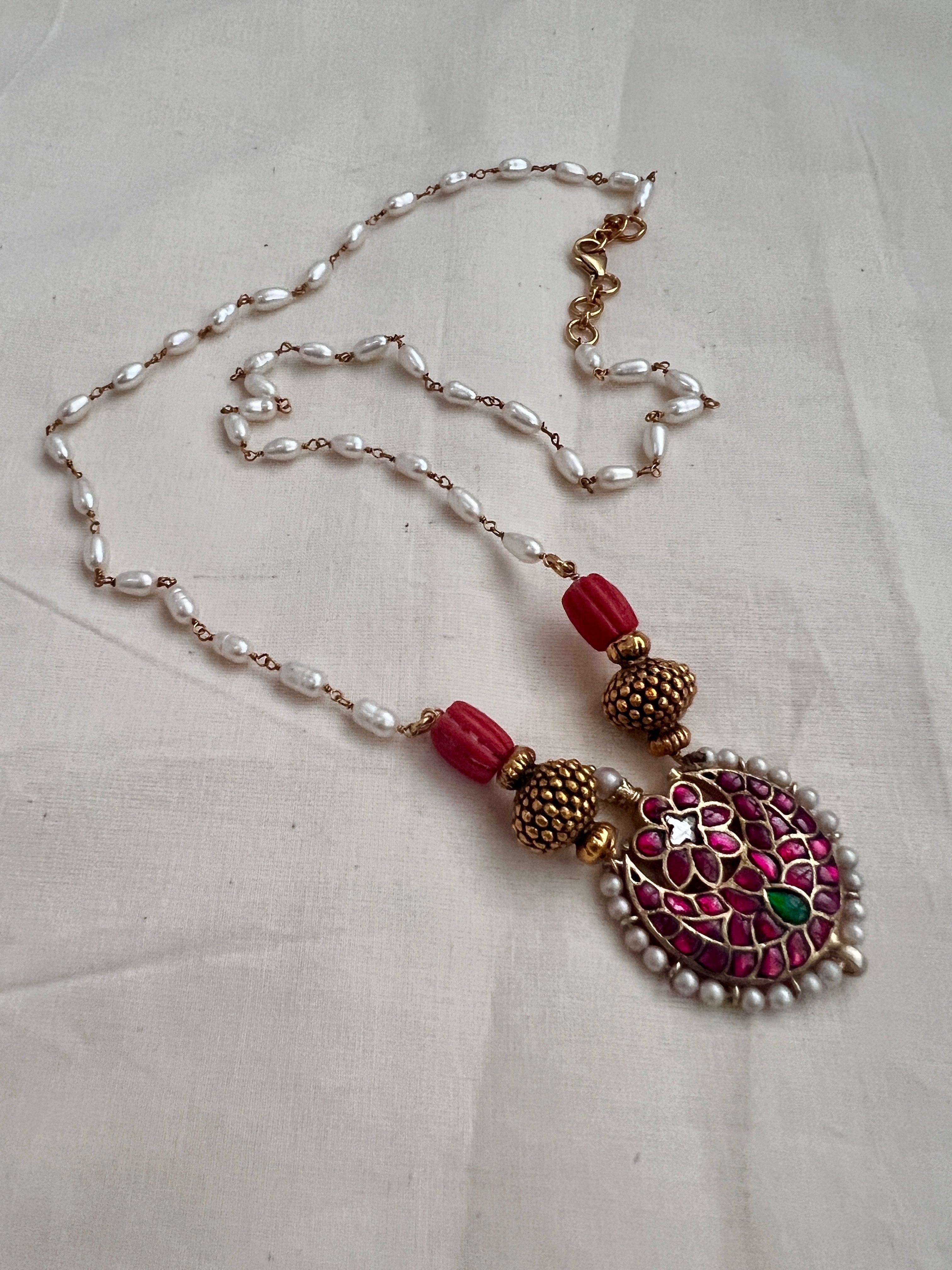 Chaand kundan pendant with coral & antique style beads with rice pearls chain-Silver Neckpiece-PL-House of Taamara