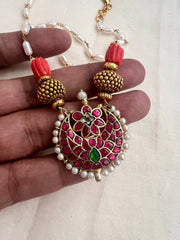 Chaand kundan pendant with coral & antique style beads with rice pearls chain-Silver Neckpiece-PL-House of Taamara