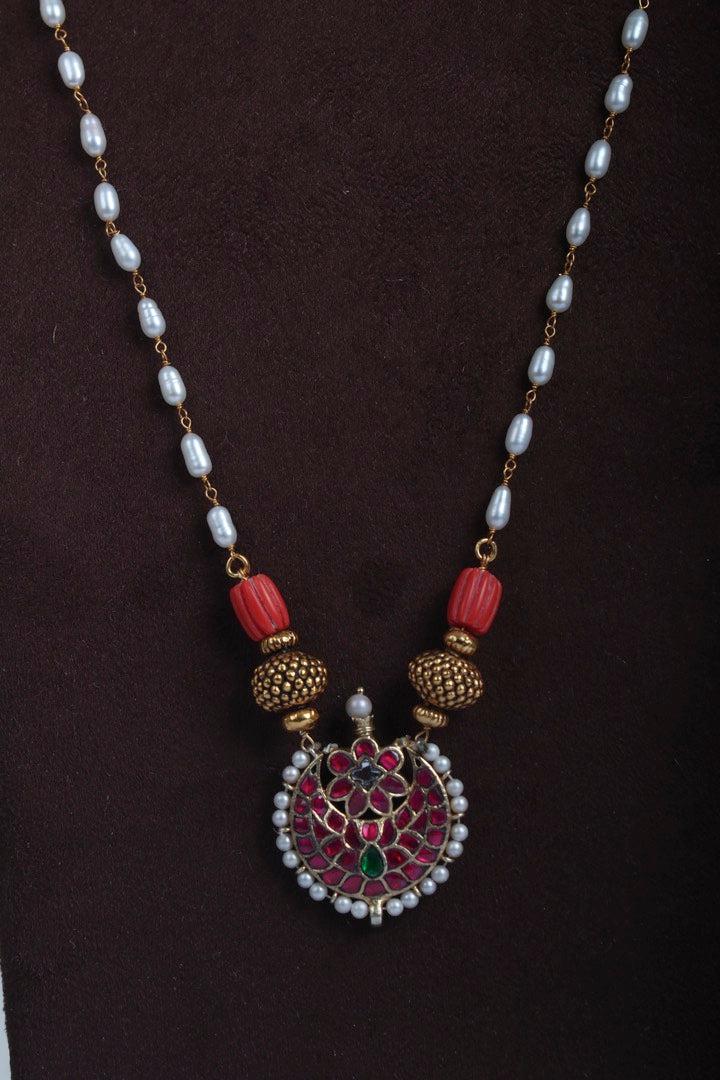 Chaand kundan pendant with coral & antique style beads with rice pearls chain-Silver Neckpiece-PL-House of Taamara