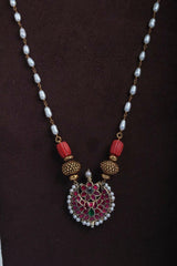 Chaand kundan pendant with coral & antique style beads with rice pearls chain-Silver Neckpiece-PL-House of Taamara