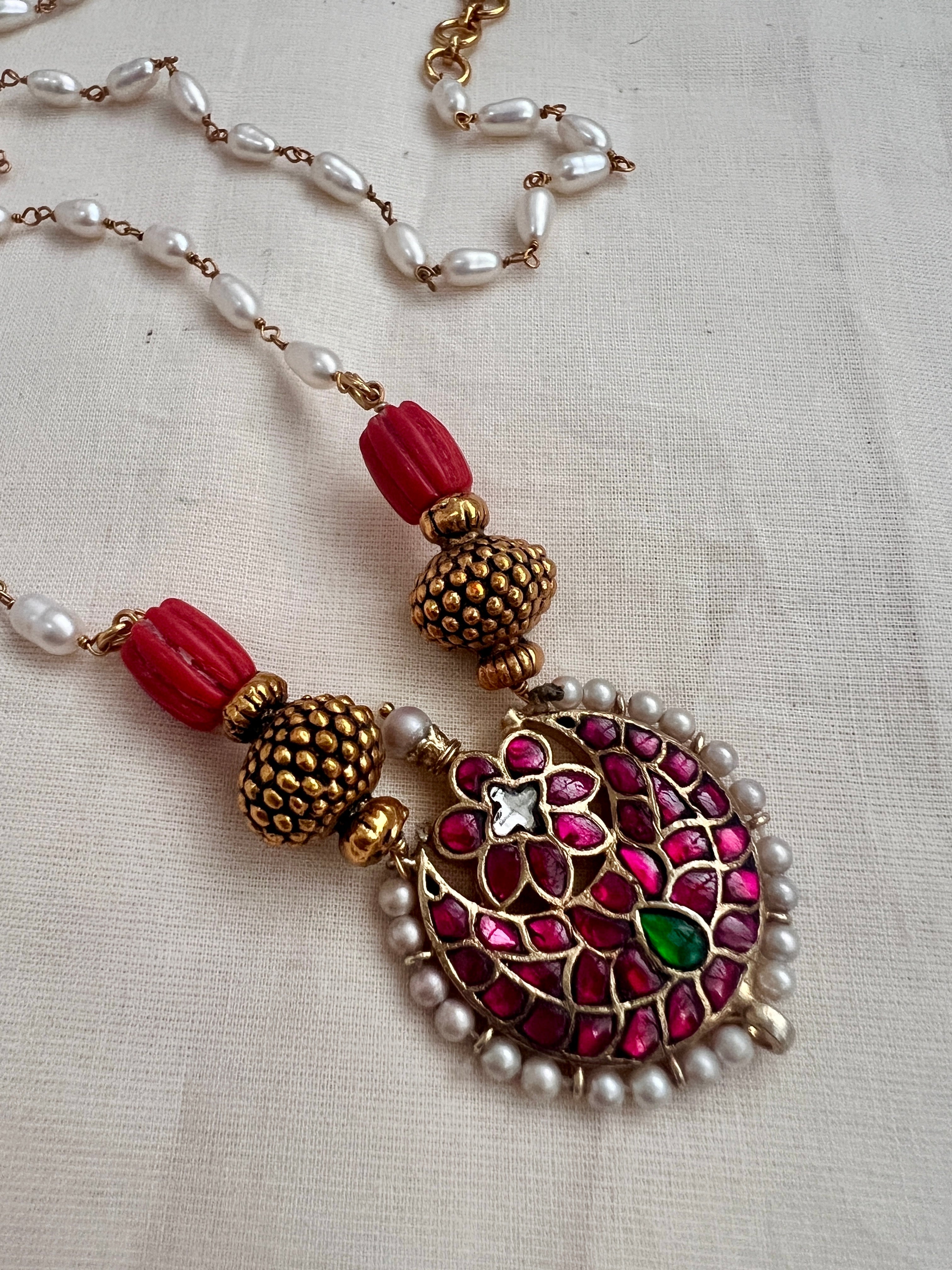 Chaand kundan pendant with coral & antique style beads with rice pearls chain-Silver Neckpiece-PL-House of Taamara