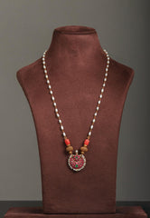 Chaand kundan pendant with coral & antique style beads with rice pearls chain-Silver Neckpiece-PL-House of Taamara