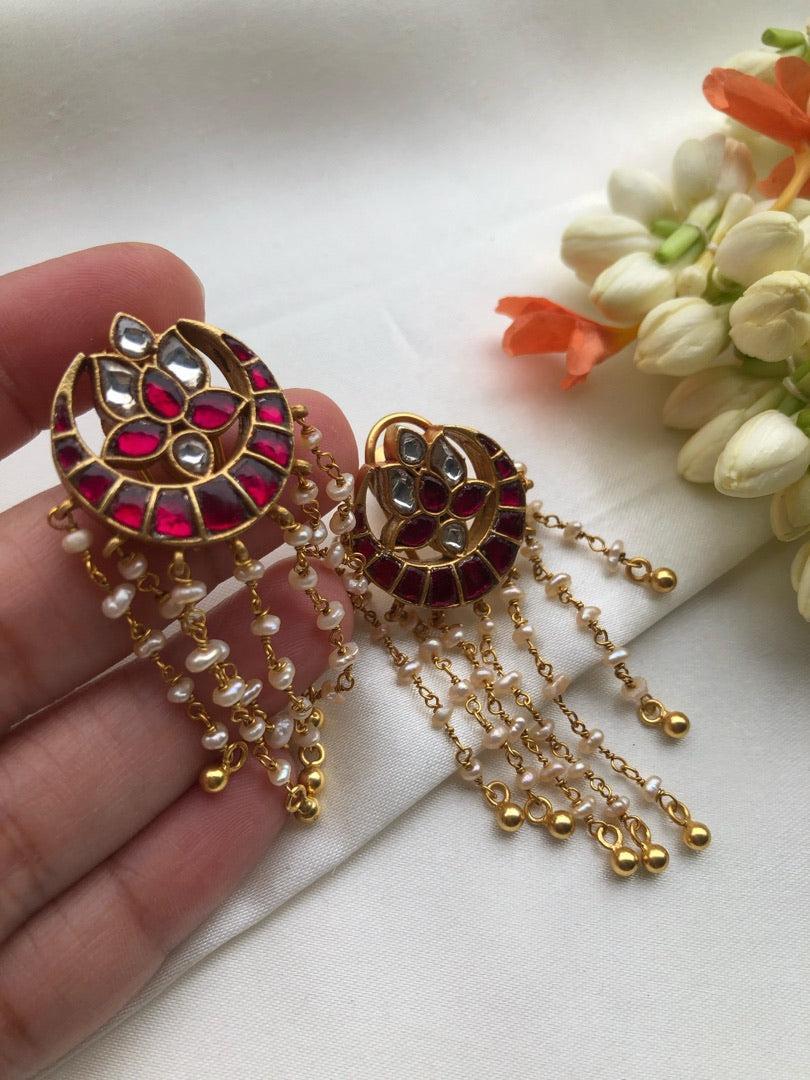 Chaand ruby kundan with pearl hangings-Earrings-PL-House of Taamara